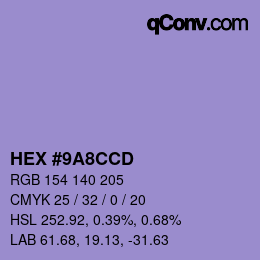 Color code: HEX #9A8CCD | qconv.com