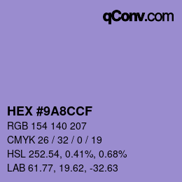 颜色代码: HEX #9A8CCF | qconv.com