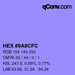 Color code: HEX #9A8CFC | qconv.com