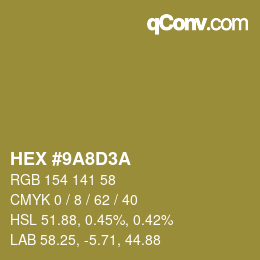 Color code: HEX #9A8D3A | qconv.com