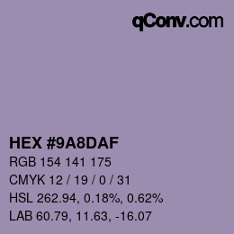 Color code: HEX #9A8DAF | qconv.com