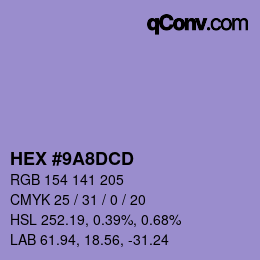 Color code: HEX #9A8DCD | qconv.com