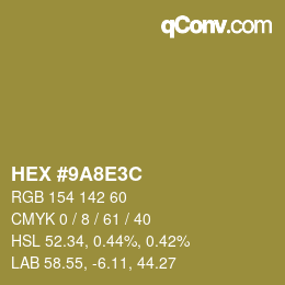 Color code: HEX #9A8E3C | qconv.com