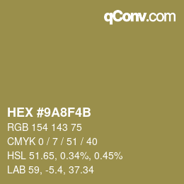 Color code: HEX #9A8F4B | qconv.com