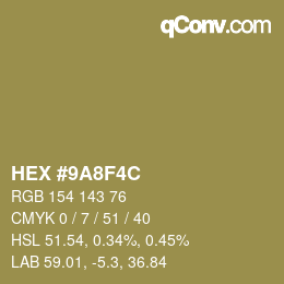 Color code: HEX #9A8F4C | qconv.com