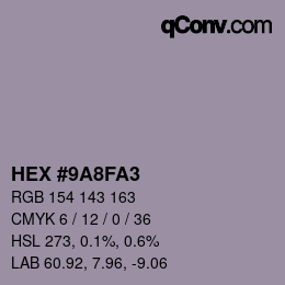 颜色代码: HEX #9A8FA3 | qconv.com