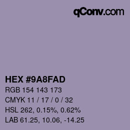 Color code: HEX #9A8FAD | qconv.com