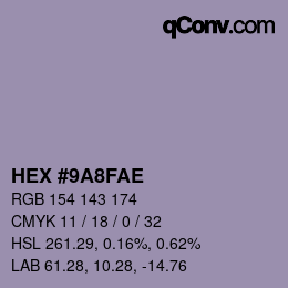 Color code: HEX #9A8FAE | qconv.com