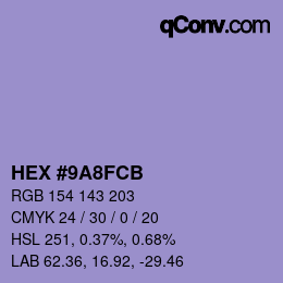 Color code: HEX #9A8FCB | qconv.com