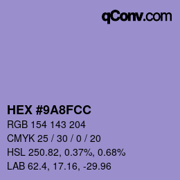 カラーコード: HEX #9A8FCC | qconv.com