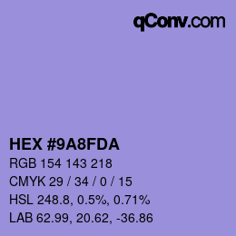 カラーコード: HEX #9A8FDA | qconv.com