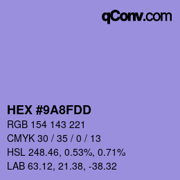 Color code: HEX #9A8FDD | qconv.com