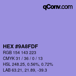 Color code: HEX #9A8FDF | qconv.com