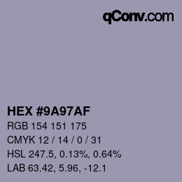 Color code: HEX #9A97AF | qconv.com