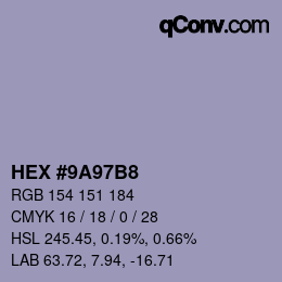 Color code: HEX #9A97B8 | qconv.com