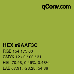 Color code: HEX #9AAF3C | qconv.com