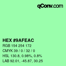 カラーコード: HEX #9AFEAC | qconv.com