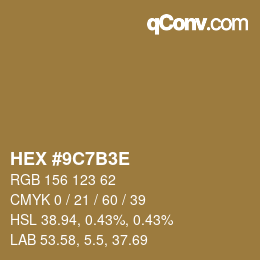 Color code: HEX #9C7B3E | qconv.com