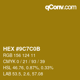 Color code: HEX #9C7C0B | qconv.com