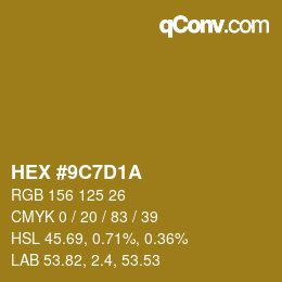 Color code: HEX #9C7D1A | qconv.com