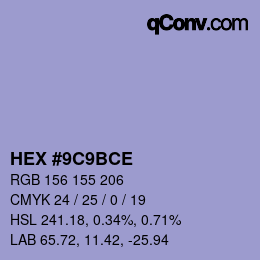 Color code: HEX #9C9BCE | qconv.com