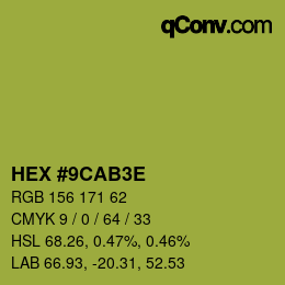 Color code: HEX #9CAB3E | qconv.com