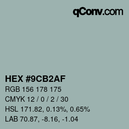 Color code: HEX #9CB2AF | qconv.com