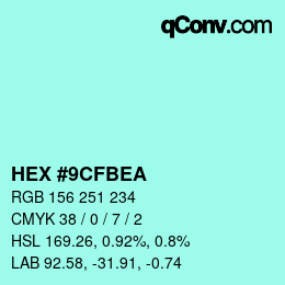 Color code: HEX #9CFBEA | qconv.com