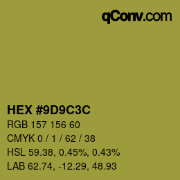 Color code: HEX #9D9C3C | qconv.com