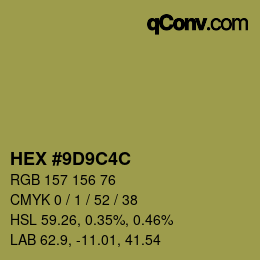 Color code: HEX #9D9C4C | qconv.com