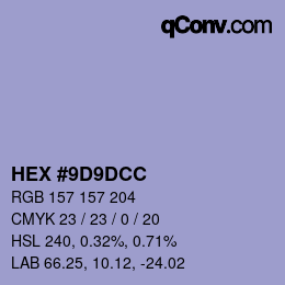 Color code: HEX #9D9DCC | qconv.com