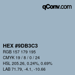 カラーコード: HEX #9DB3C3 | qconv.com