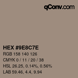 Color code: HEX #9E8C7E | qconv.com