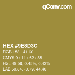 Color code: HEX #9E8D3C | qconv.com