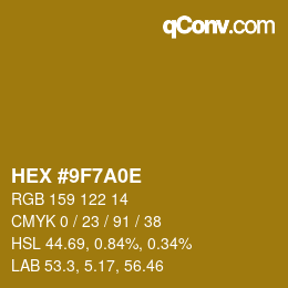 Color code: HEX #9F7A0E | qconv.com