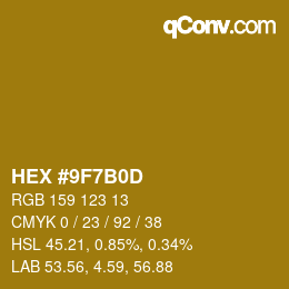 Color code: HEX #9F7B0D | qconv.com