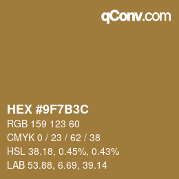 Color code: HEX #9F7B3C | qconv.com