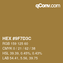 Color code: HEX #9F7D3C | qconv.com