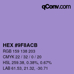 Color code: HEX #9F8ACB | qconv.com