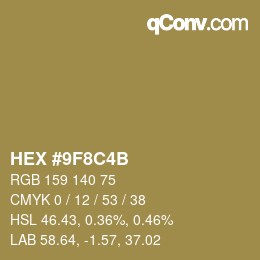 Color code: HEX #9F8C4B | qconv.com