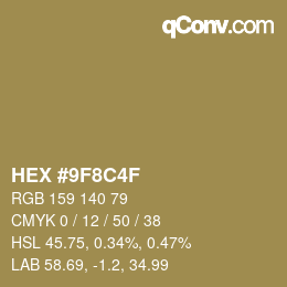 Color code: HEX #9F8C4F | qconv.com