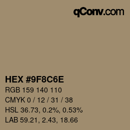 Color code: HEX #9F8C6E | qconv.com