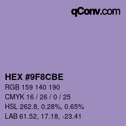 カラーコード: HEX #9F8CBE | qconv.com