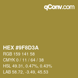 Color code: HEX #9F8D3A | qconv.com