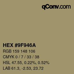 カラーコード: HEX #9F946A | qconv.com