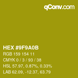 Color code: HEX #9F9A0B | qconv.com