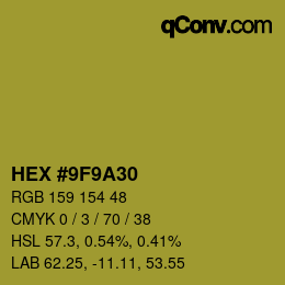 カラーコード: HEX #9F9A30 | qconv.com