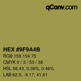 Color code: HEX #9F9A4B | qconv.com