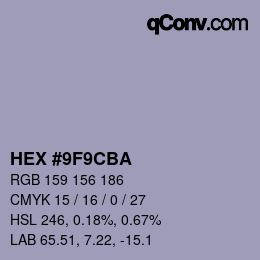 Color code: HEX #9F9CBA | qconv.com