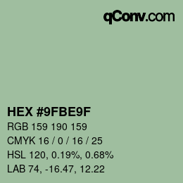 Color code: HEX #9FBE9F | qconv.com